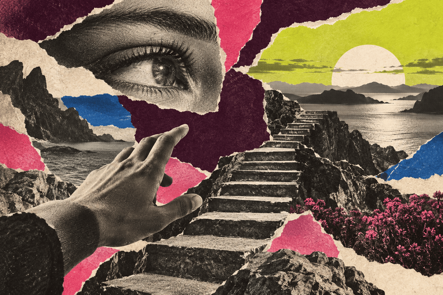 Collaged steps, a hand and a horizon suggesting a path still taking shape