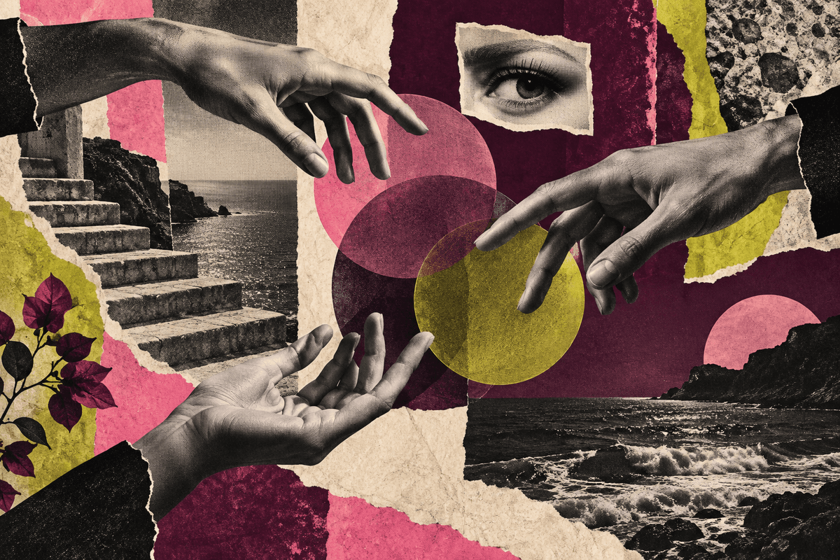 Hands, lenses and torn-paper fragments coming together