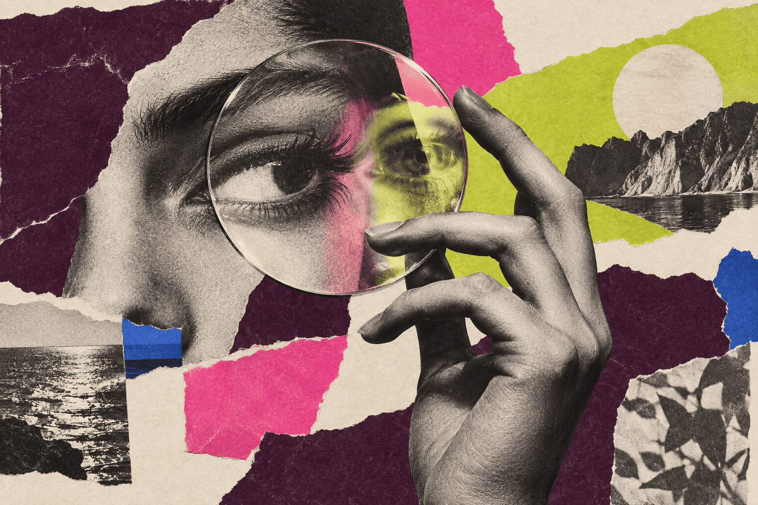 An eye, a lens and torn paper layers offering different ways of seeing
